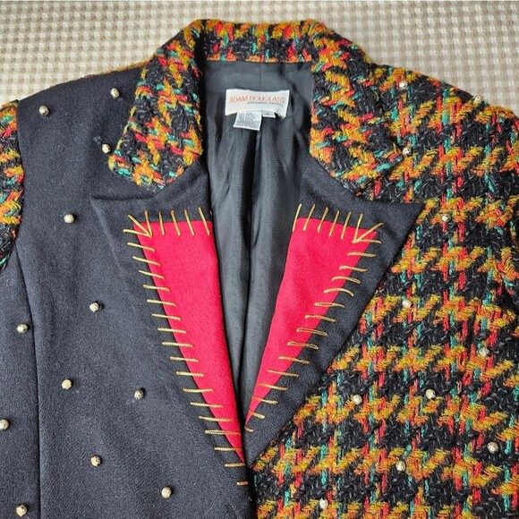 Adam Douglass Adrianna Papell Red Black Color Block Tweed Button Front Blazer - Picture 3 of 14